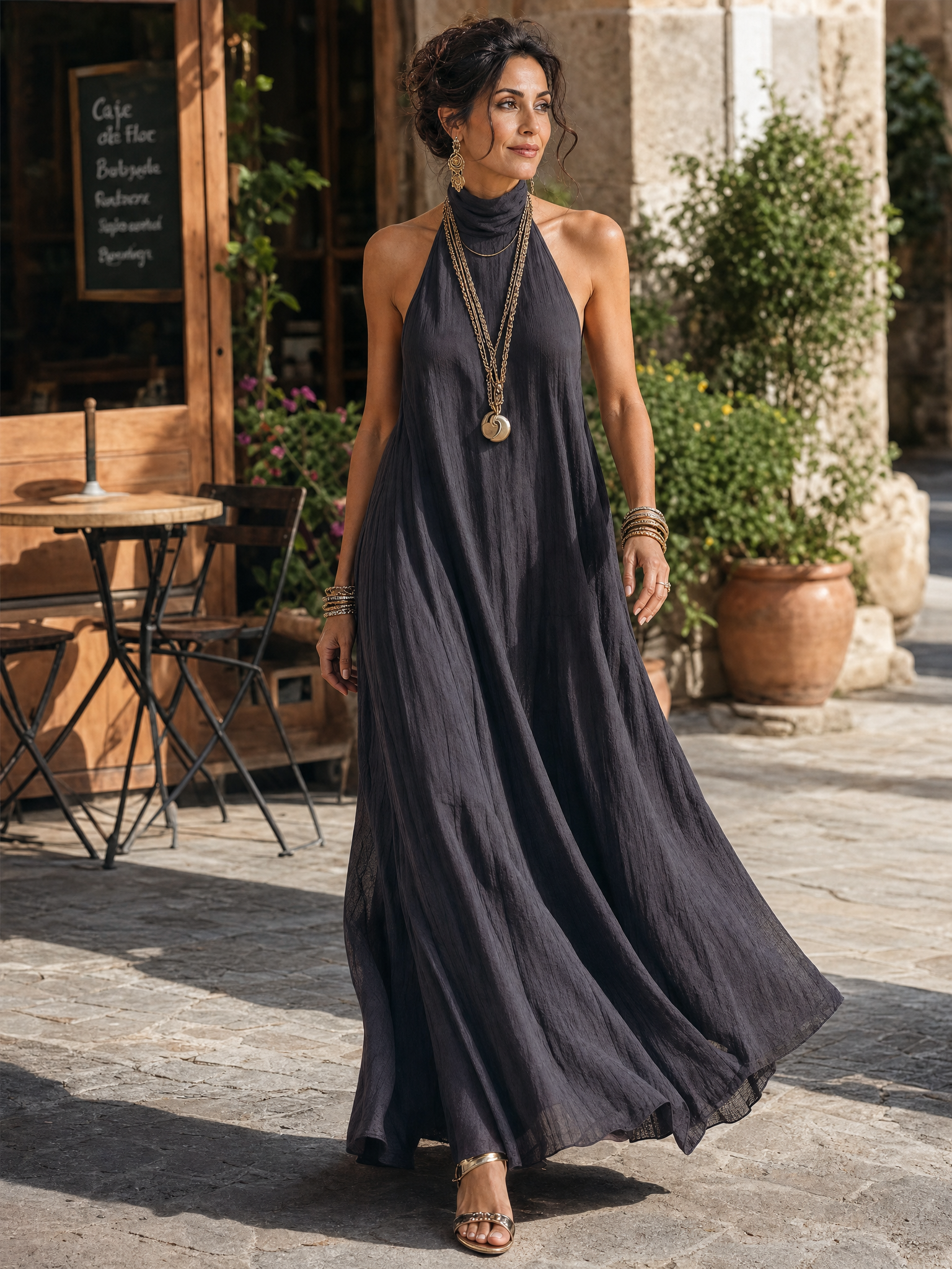 YARA | Flowing Charcoal Halter Maxi Dress