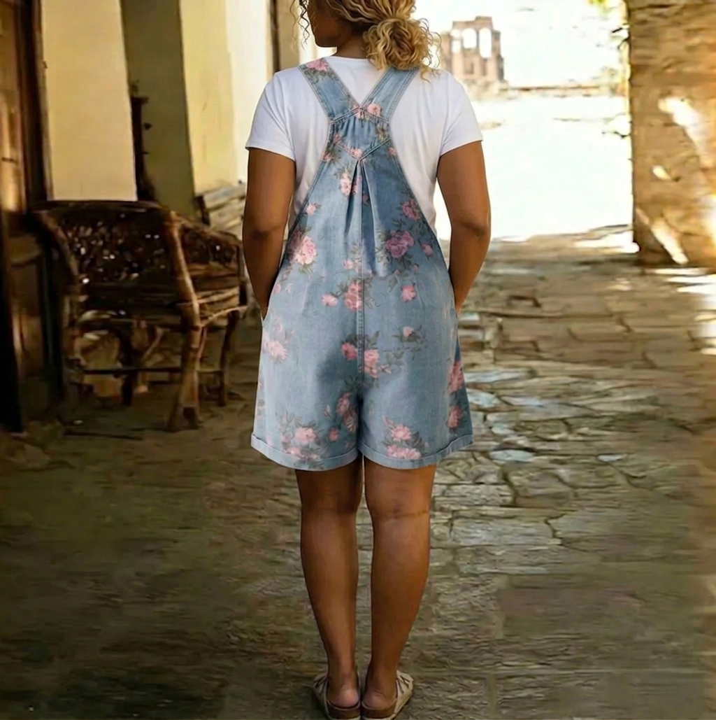 Judy | Vintage Washed Soft Cotton Feel Denim Floral Jumpsuit