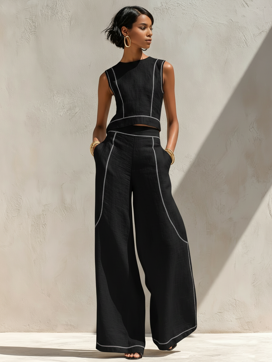 Women's Minimalist Contrast-Stitched Blouse & Wide-Leg Pants Set