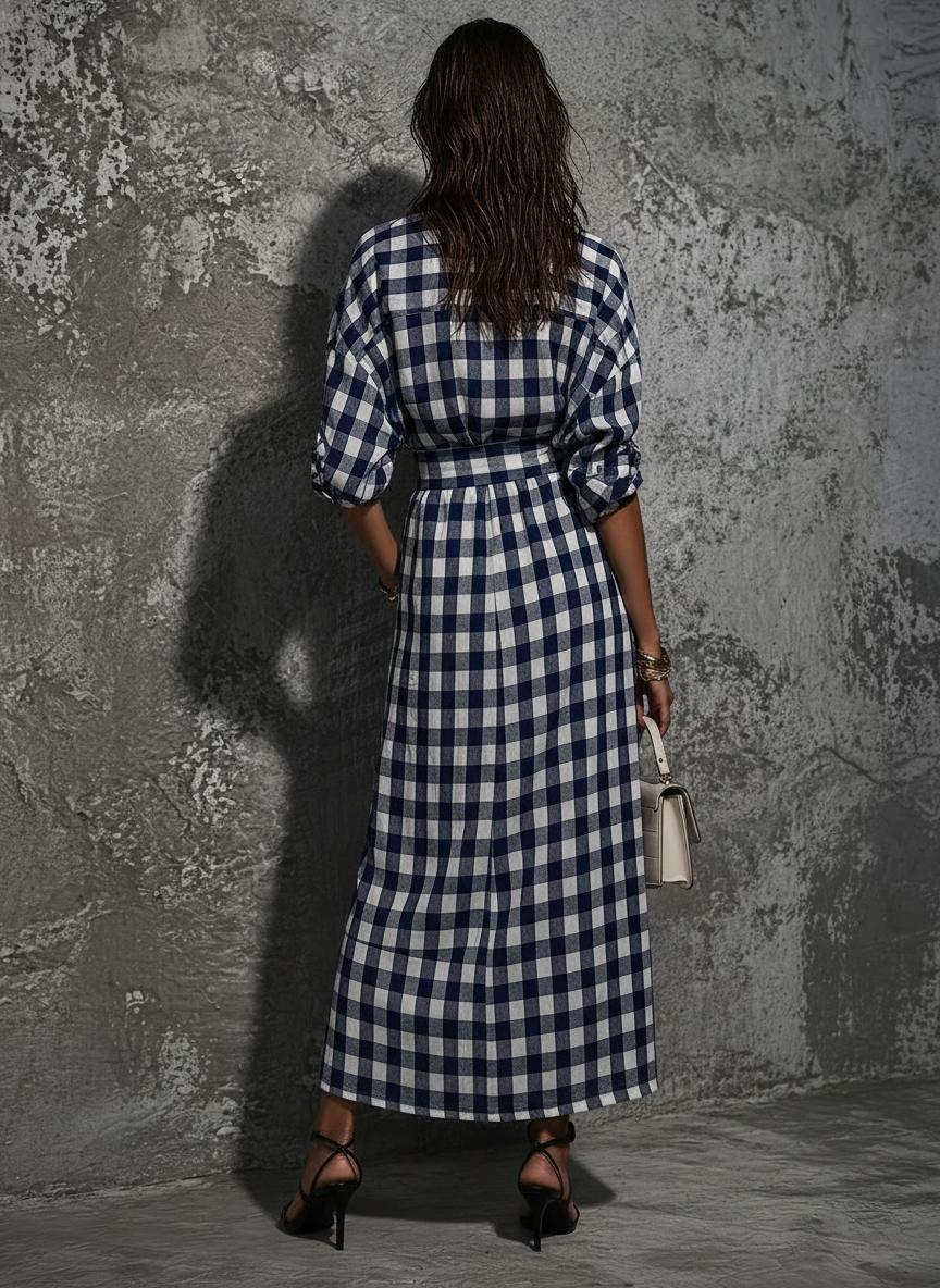 Women's Blue and White Plaid Belted Front-Slit Maxi Shirt Dress