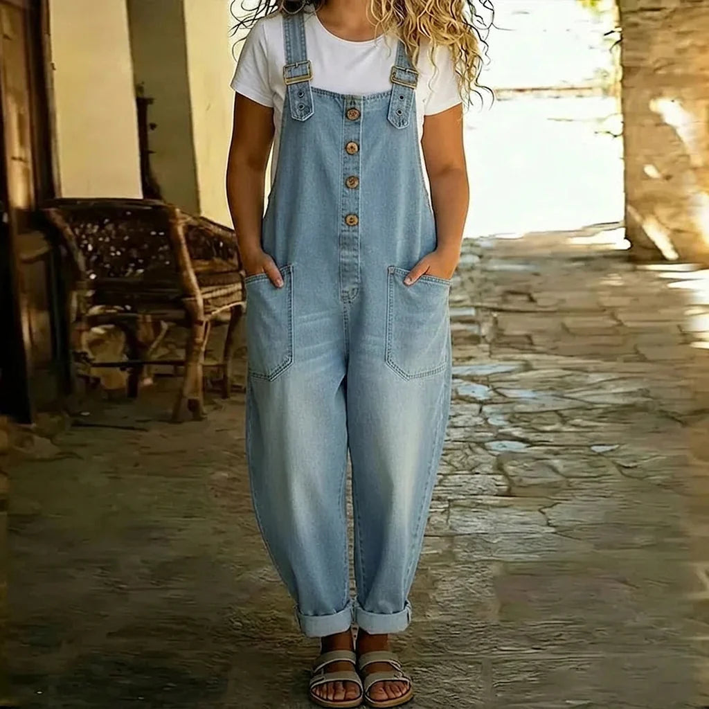 Mae | Vintage Soft Cotton Denim-Look Overalls with Adjustable Straps