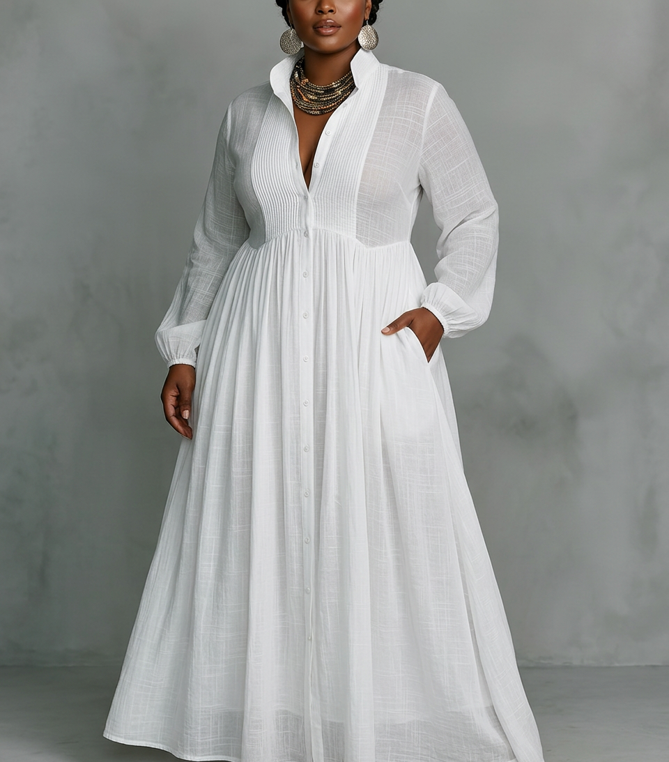 Elisa - Maxi Minimalist Dress with Patchwork, High Collar and Long Sleeves - Plus size model