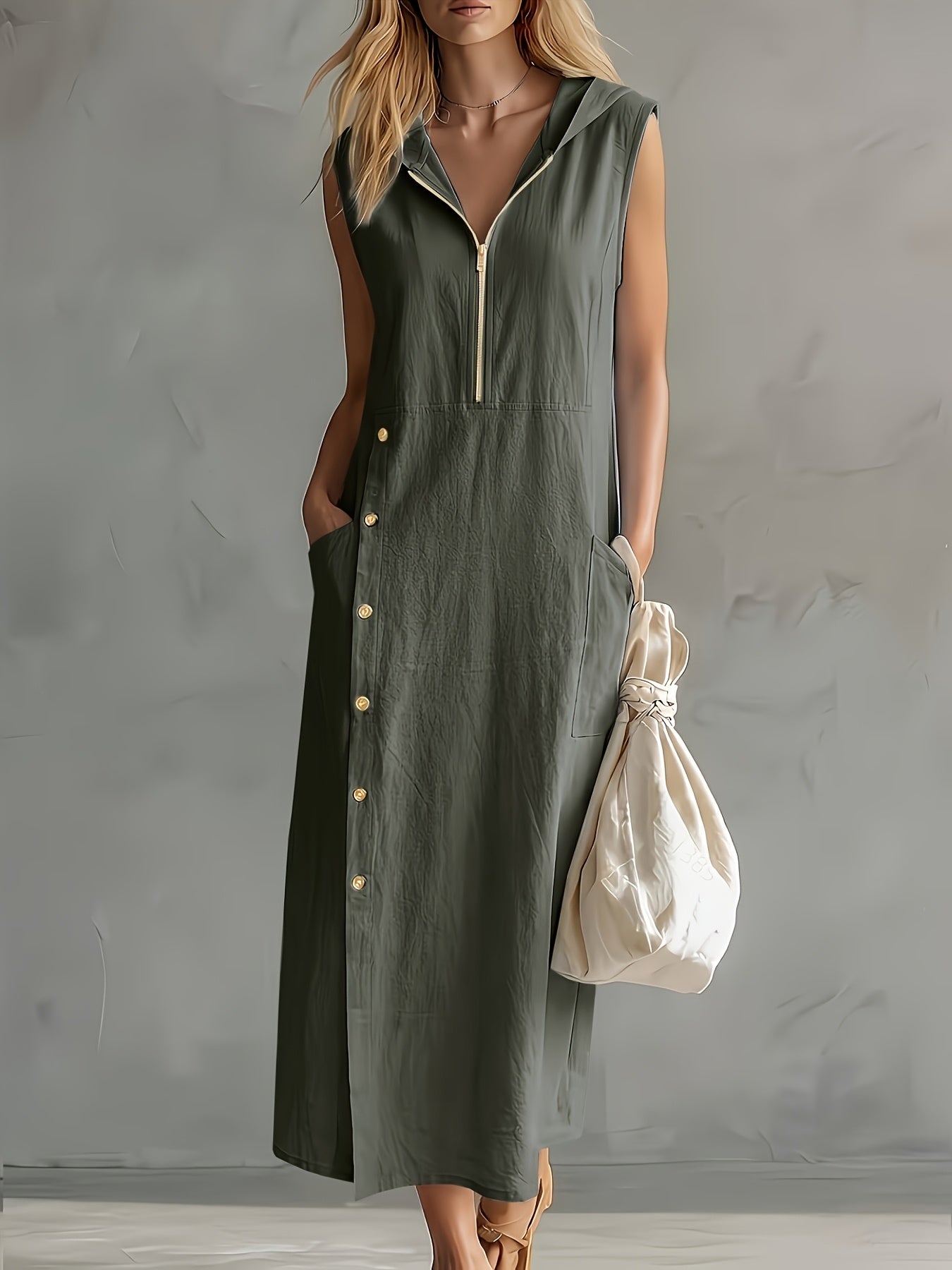 SVEA | Hooded Zip Button Maxi Dress