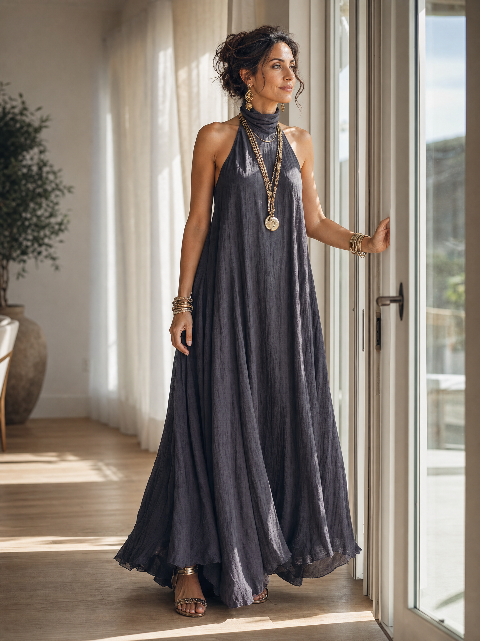 YARA | Flowing Charcoal Halter Maxi Dress