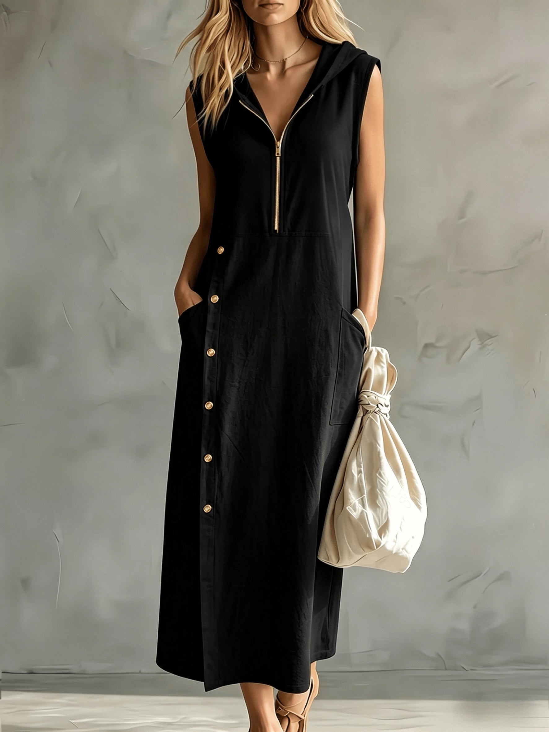 SVEA | Hooded Zip Button Maxi Dress