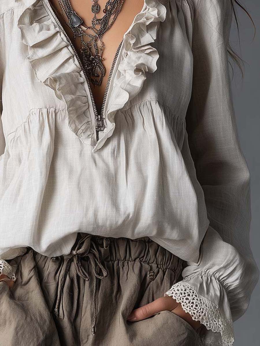 Zip-Front Ruffled Bohemian Blouse