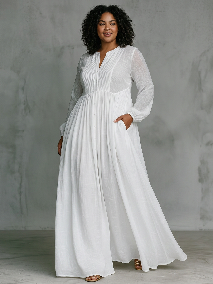 Elisa - Maxi Minimalist Dress with Patchwork, High Collar and Long Sleeves - Plus size model