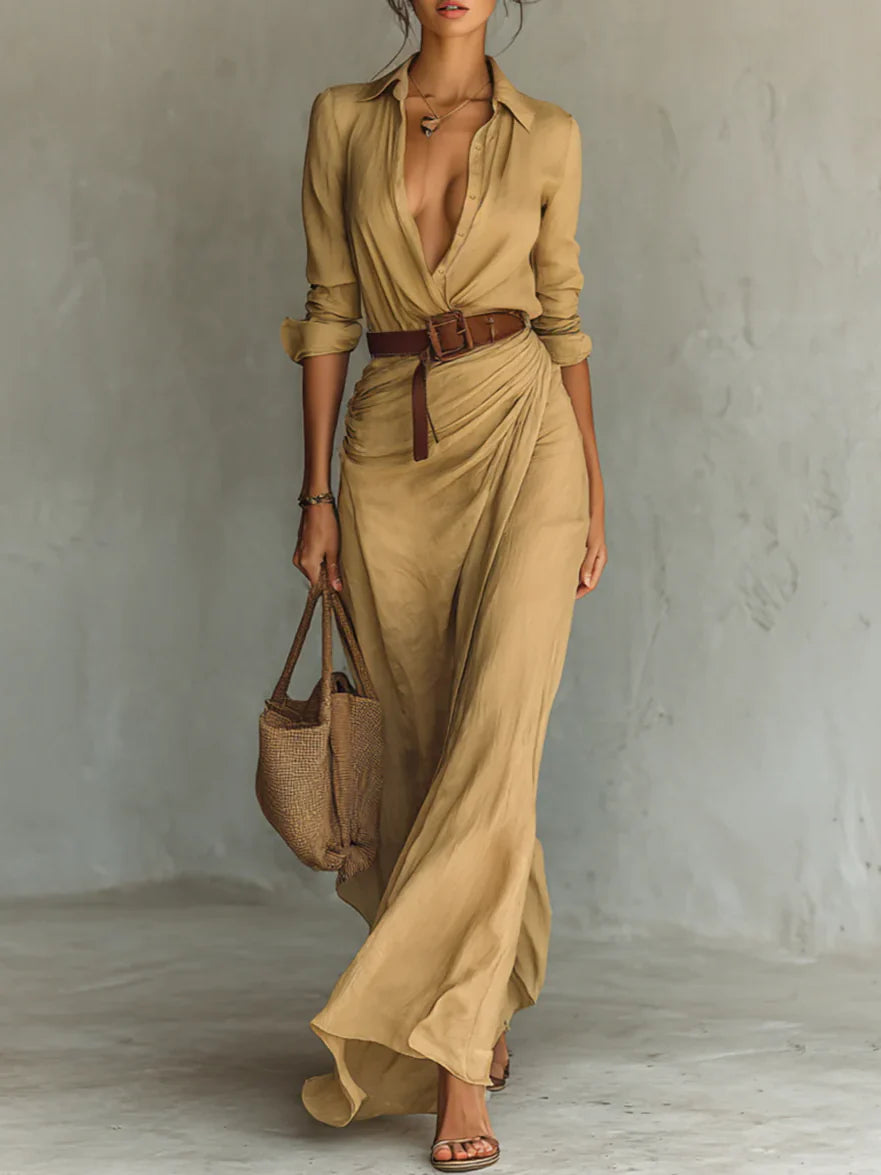 Deep V-neck Long-sleeve Draped Maxi Dress with Belt