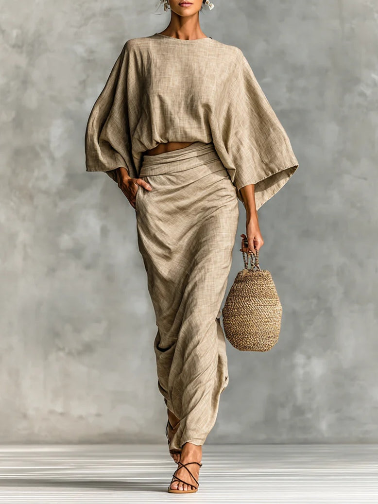 JULIA | Relaxed Batwing Linen Top and Draped Maxi Skirt Set