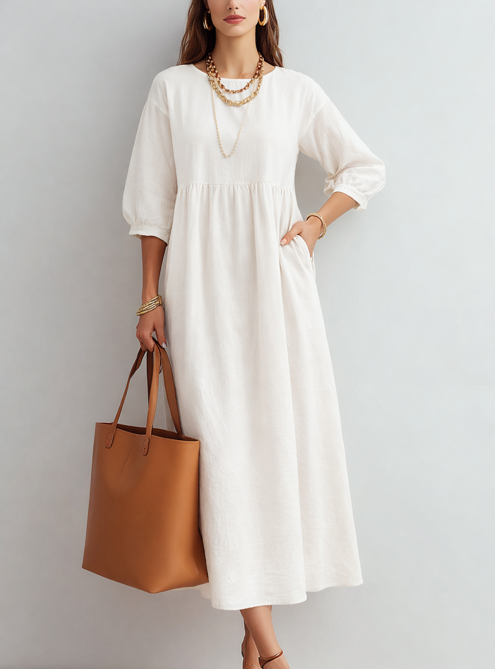 CLARA | Effortless Cream Relaxed Midi Dress for Daily Elegance