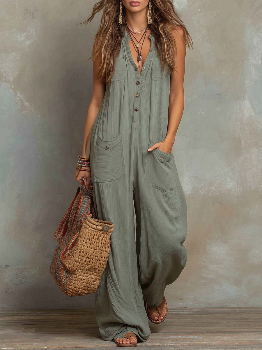 Jumpsuit with retro texture and patch pockets