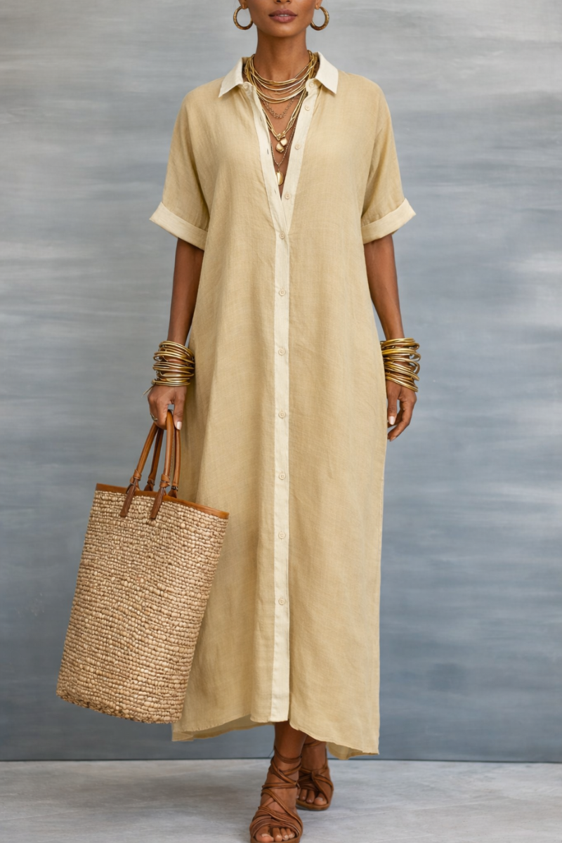 MANELLE | Short-sleeve Collared Maxi Shirt Dress