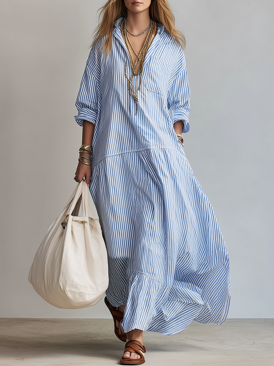 MARLOW | Blue Striped Relaxed Maxi Shirt Dress for Easy Wear