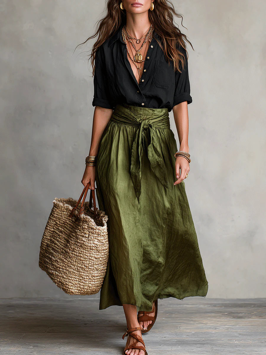 ROSALIE | Black Shirt and Olive Midi Skirt Two-piece Set