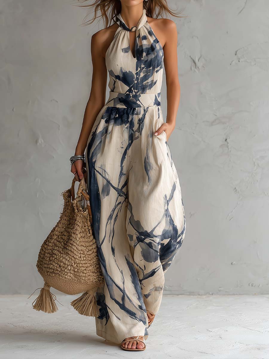 Halter neck Ink wash Print Wide-leg Jumpsuit With pockets