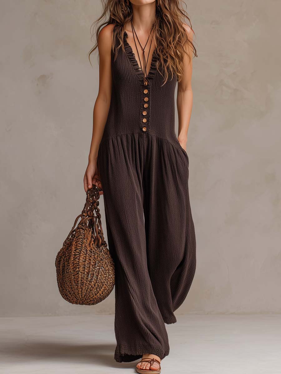 Retro Ruched Neck Knitted Jumpsuit