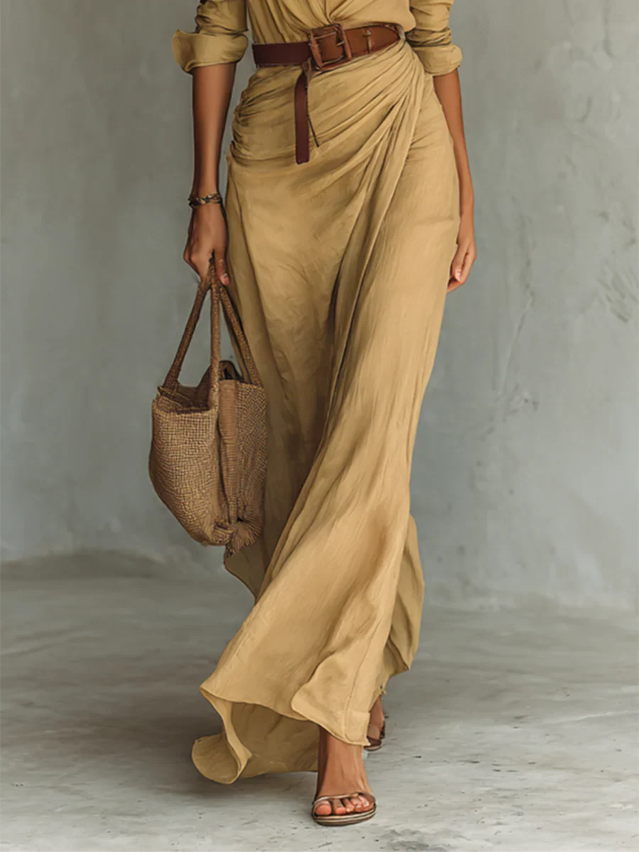Deep V-neck Long-sleeve Draped Maxi Dress with Belt