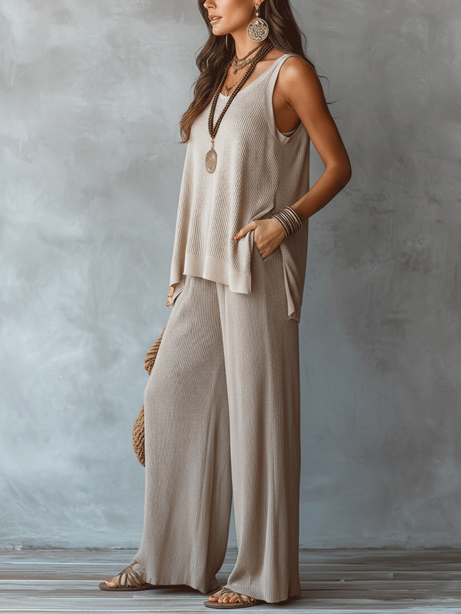 Effortless Boho Sleeveless Texture Top & Wide Trousers Set