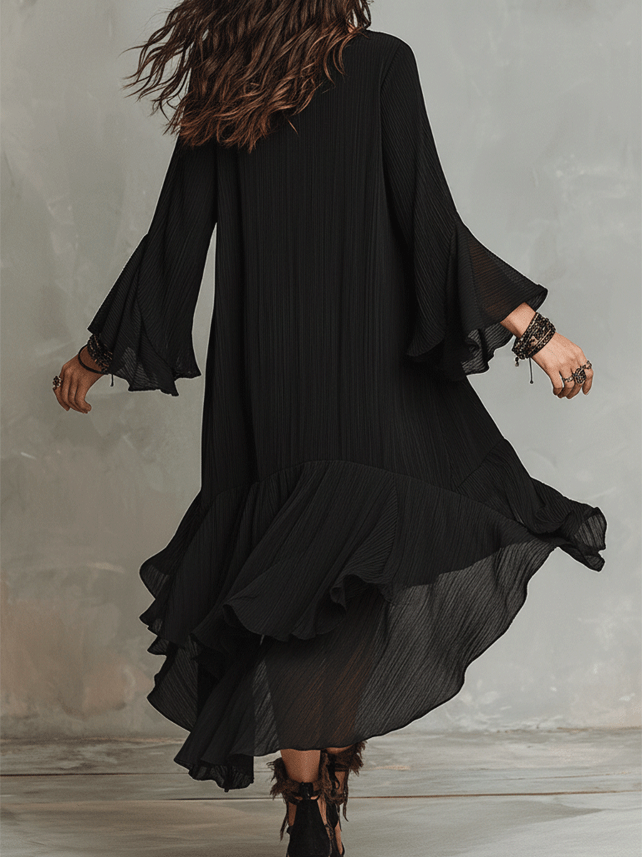 Elegant Asymmetric Ruched Black Boho Midi Dress