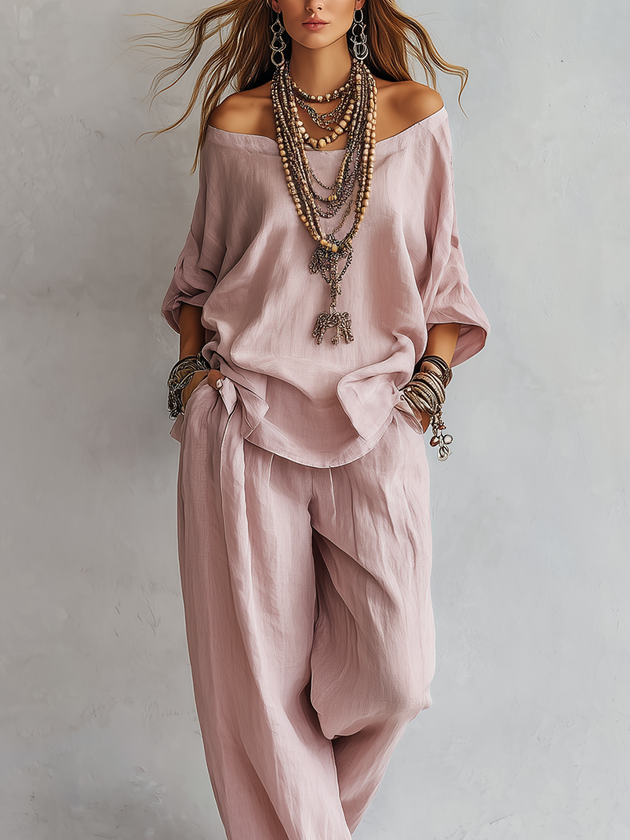 Casual Light pink Wide Trousers Set