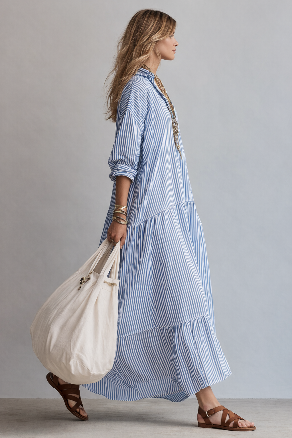 MARLOW | Blue Striped Relaxed Maxi Shirt Dress for Easy Wear
