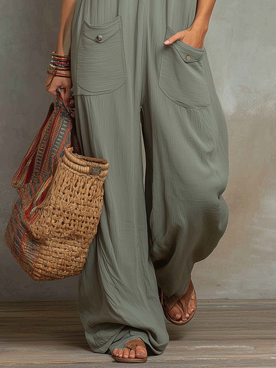 Jumpsuit with retro texture and patch pockets