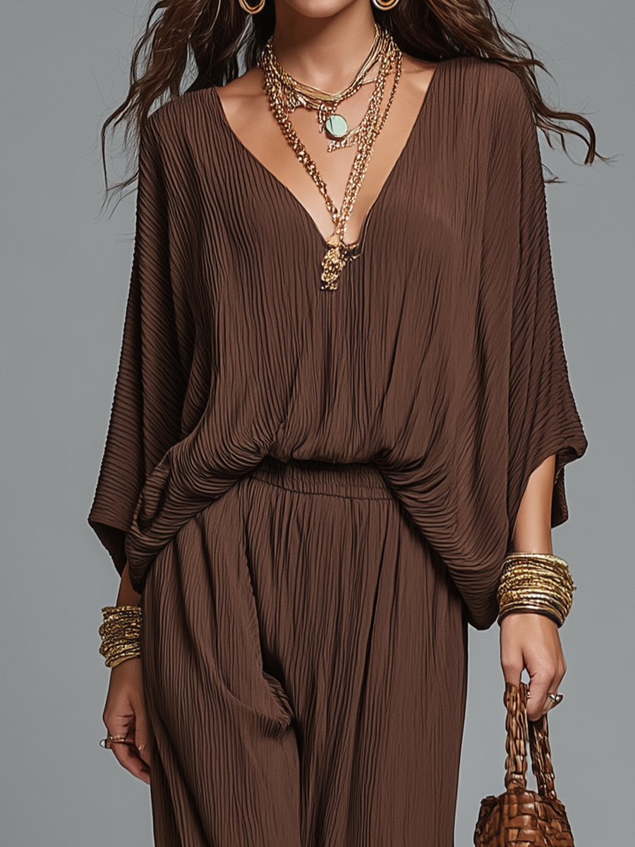 Warm Espresso Texture V-neck Batwing sleeve & Harem pants Co-ord set