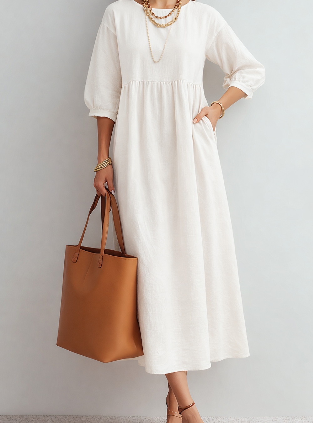 CLARA | Effortless Cream Relaxed Midi Dress for Daily Elegance