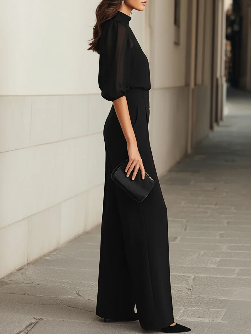 EMMA | Elegant Sheer Puff-sleeve Mock-neck Wide-leg Pants Set