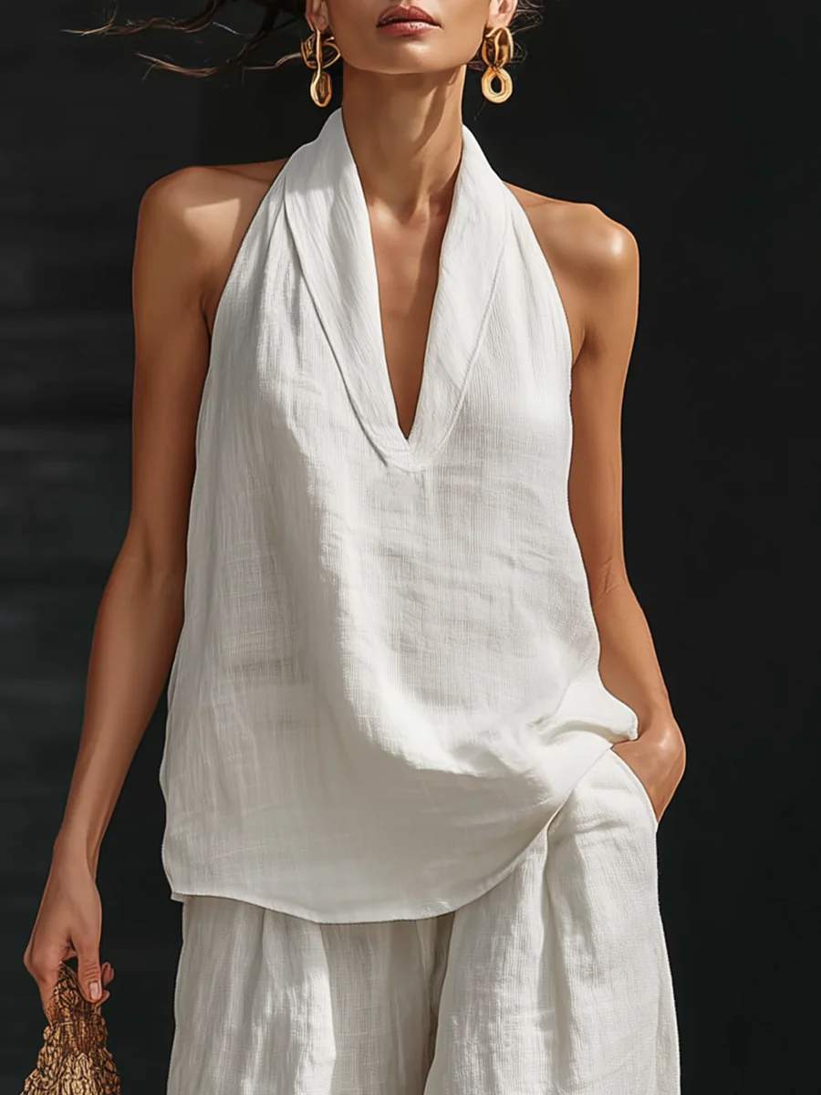 HARLOW | Halter V-neck Sleeveless Top and Wide-leg Pants Set