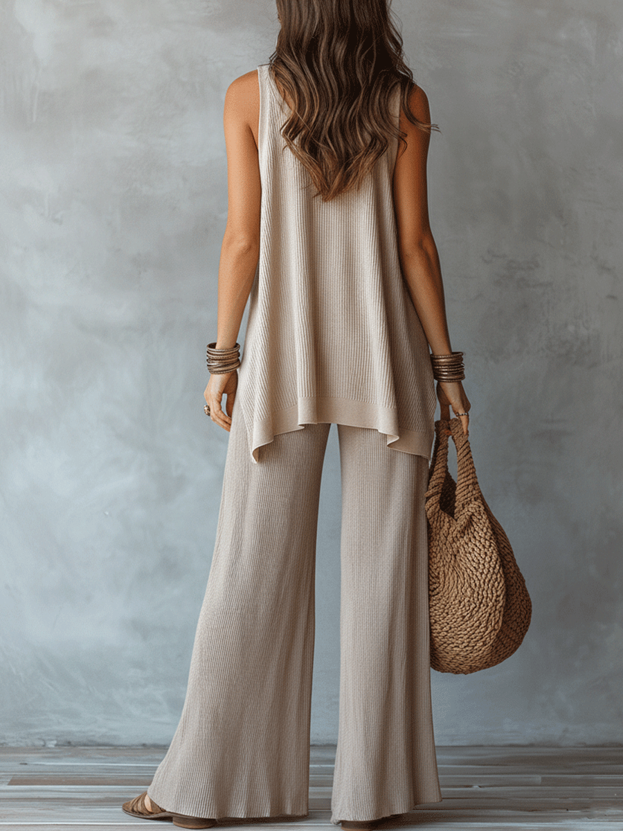 Effortless Boho Sleeveless Texture Top & Wide Trousers Set