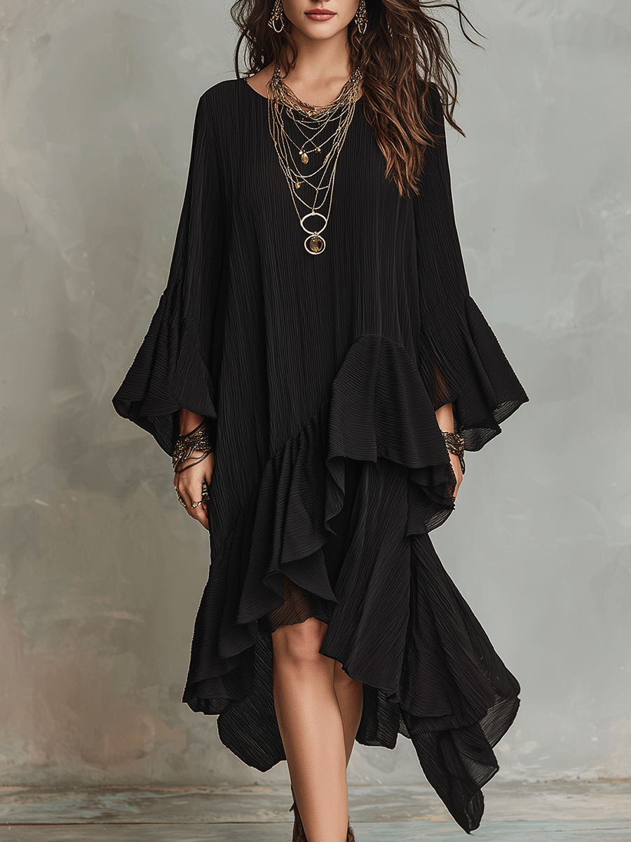 Elegant Asymmetric Ruched Black Boho Midi Dress