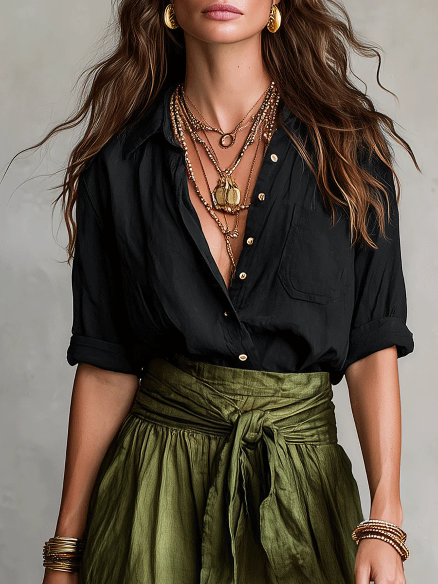 ROSALIE | Black Shirt and Olive Midi Skirt Two-piece Set