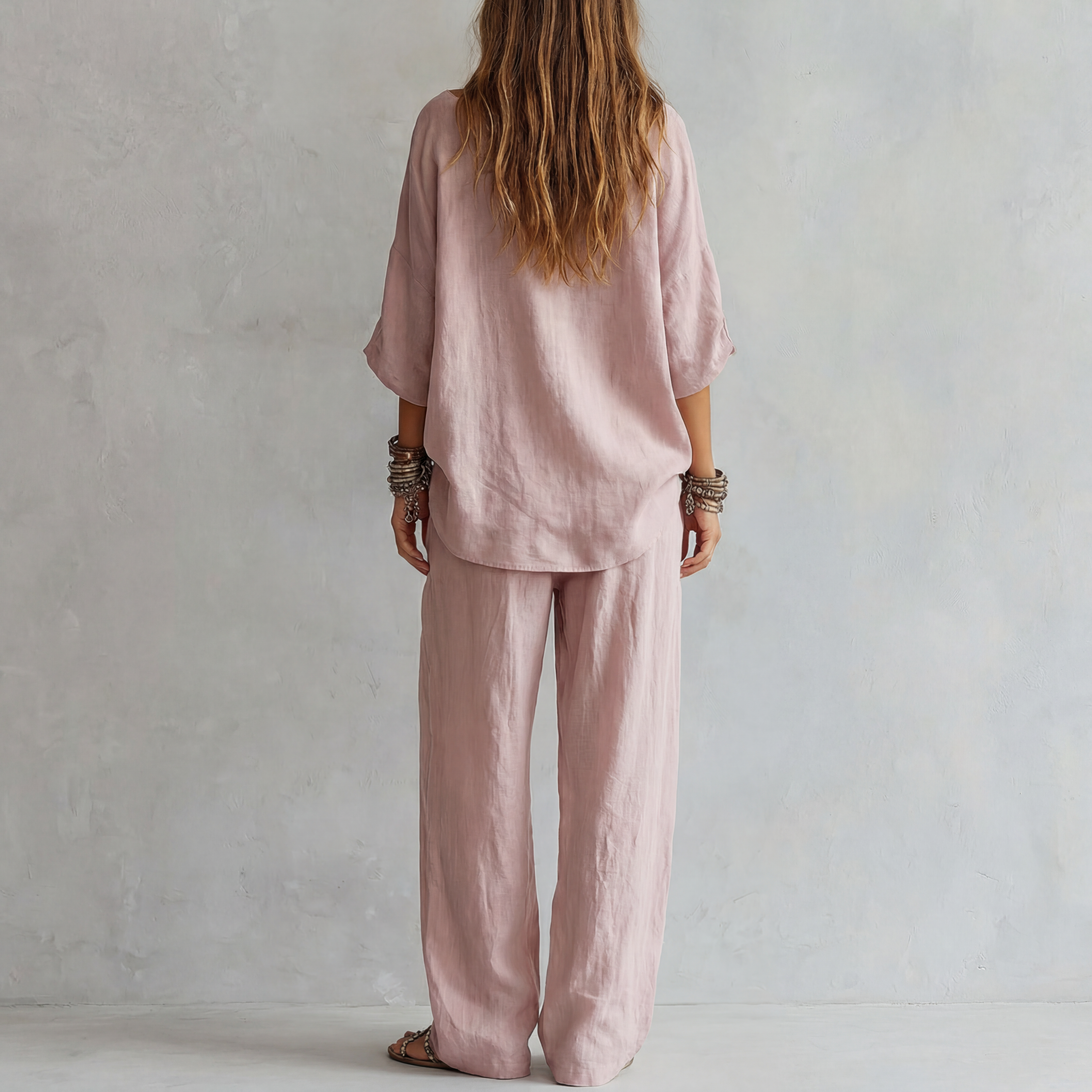 Casual Light pink Wide Trousers Set