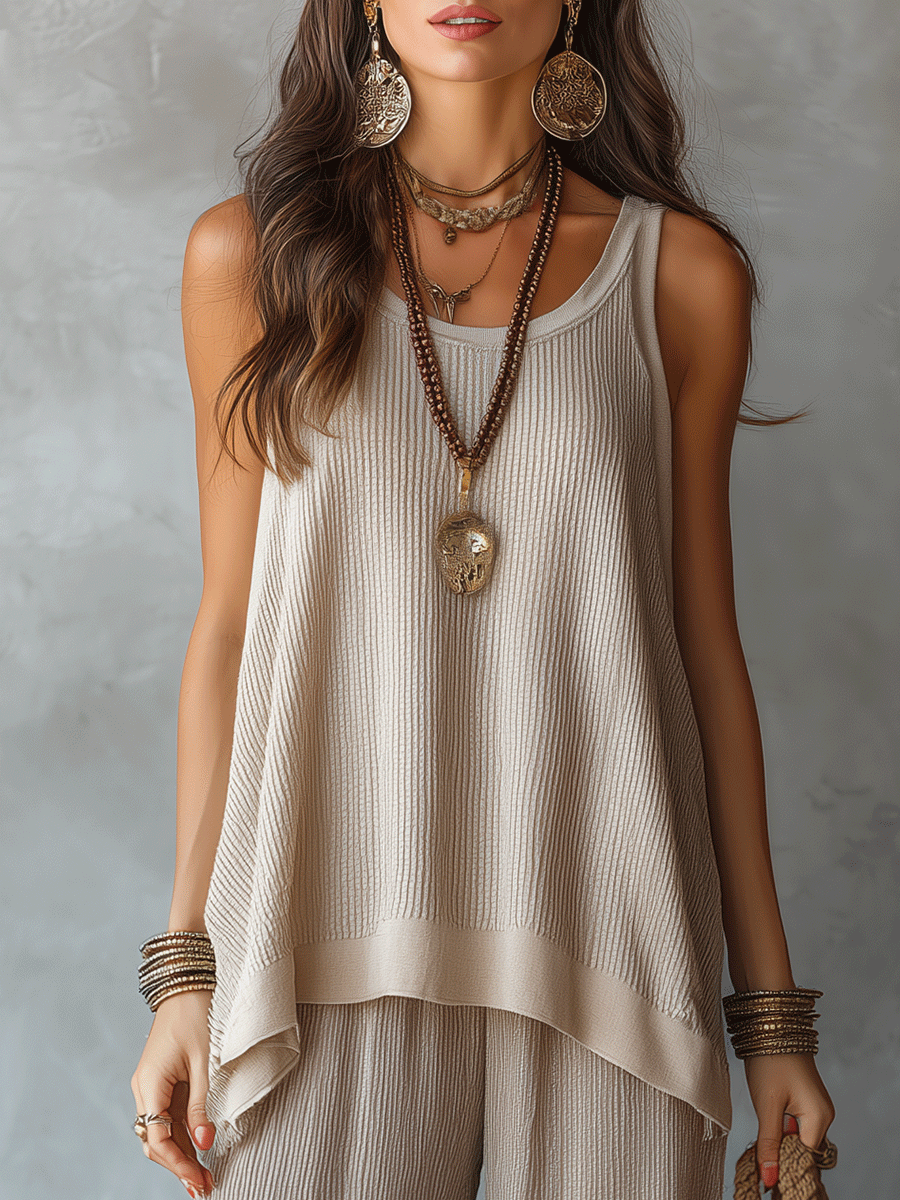 Effortless Boho Sleeveless Texture Top & Wide Trousers Set