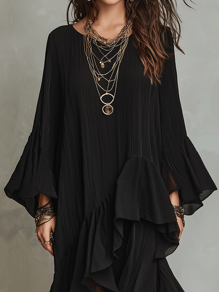 Elegant Asymmetric Ruched Black Boho Midi Dress