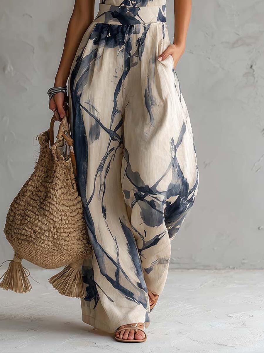 Halter neck Ink wash Print Wide-leg Jumpsuit With pockets