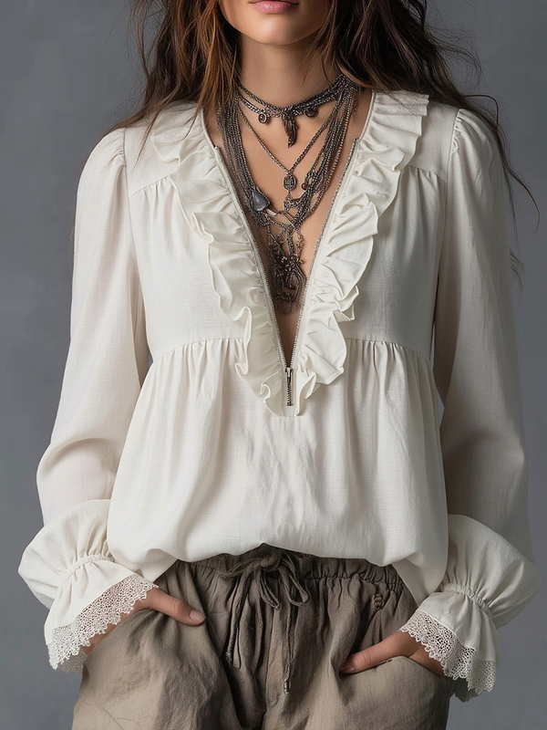 Zip-Front Ruffled Bohemian Blouse