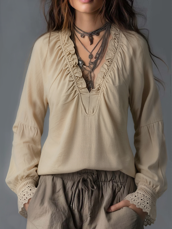 Ruffled Pleated V-Neck Blouse