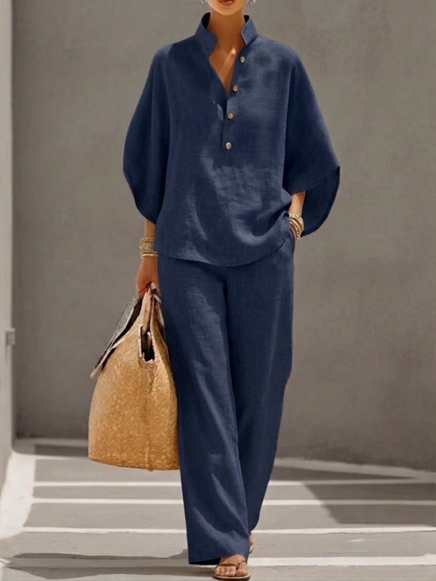 Casual Batwing Sleeve Shirt And Trousers Two-piece Set