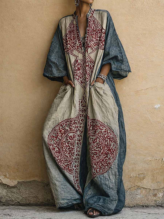 Women's Vintage Print V-neck 3/4-sleeve Jumpsuit
