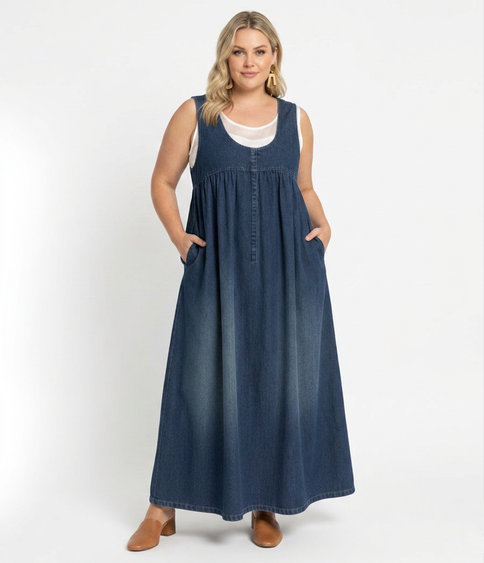 Karen | Vintage Washed Soft Cotton Feel Denim Maxi Dress