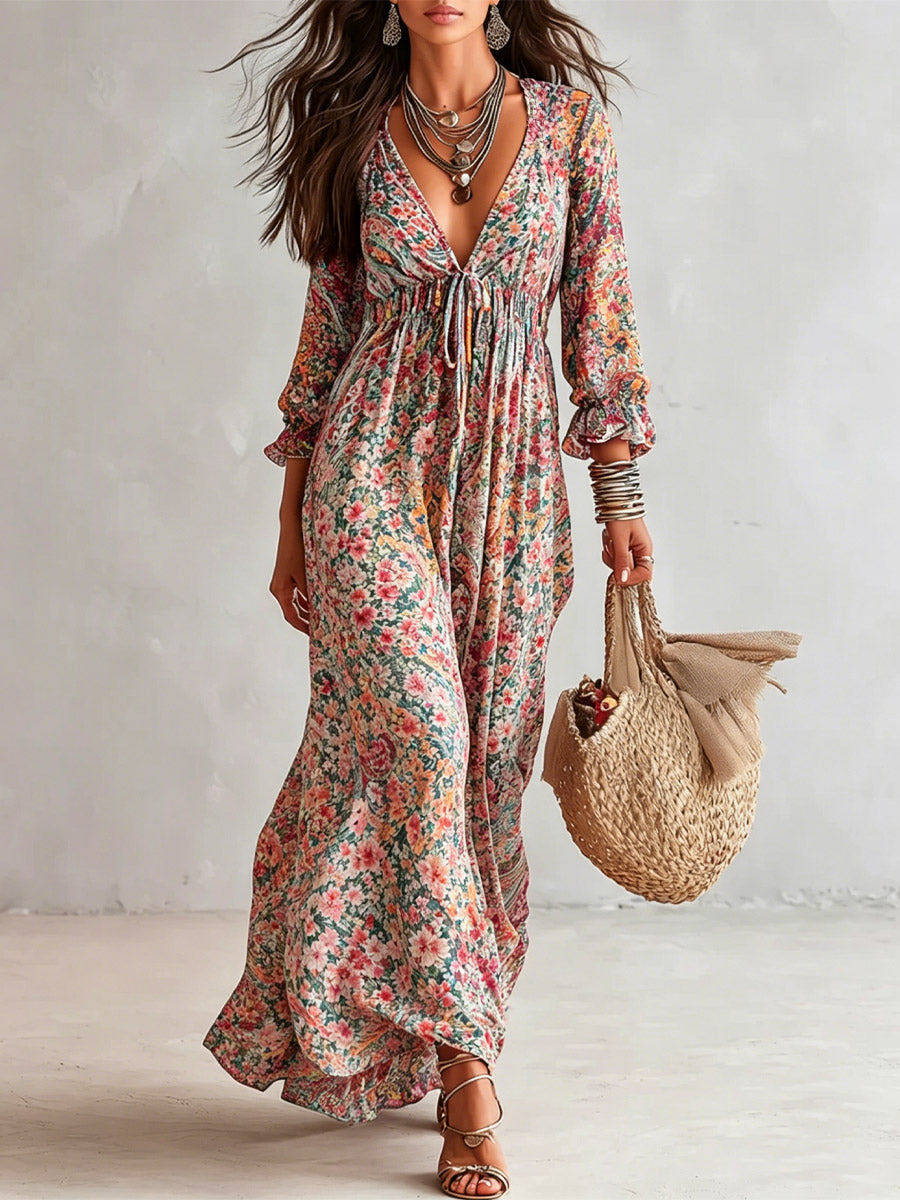 Retro Floral Art Print Long Sleeve Maxi Dress