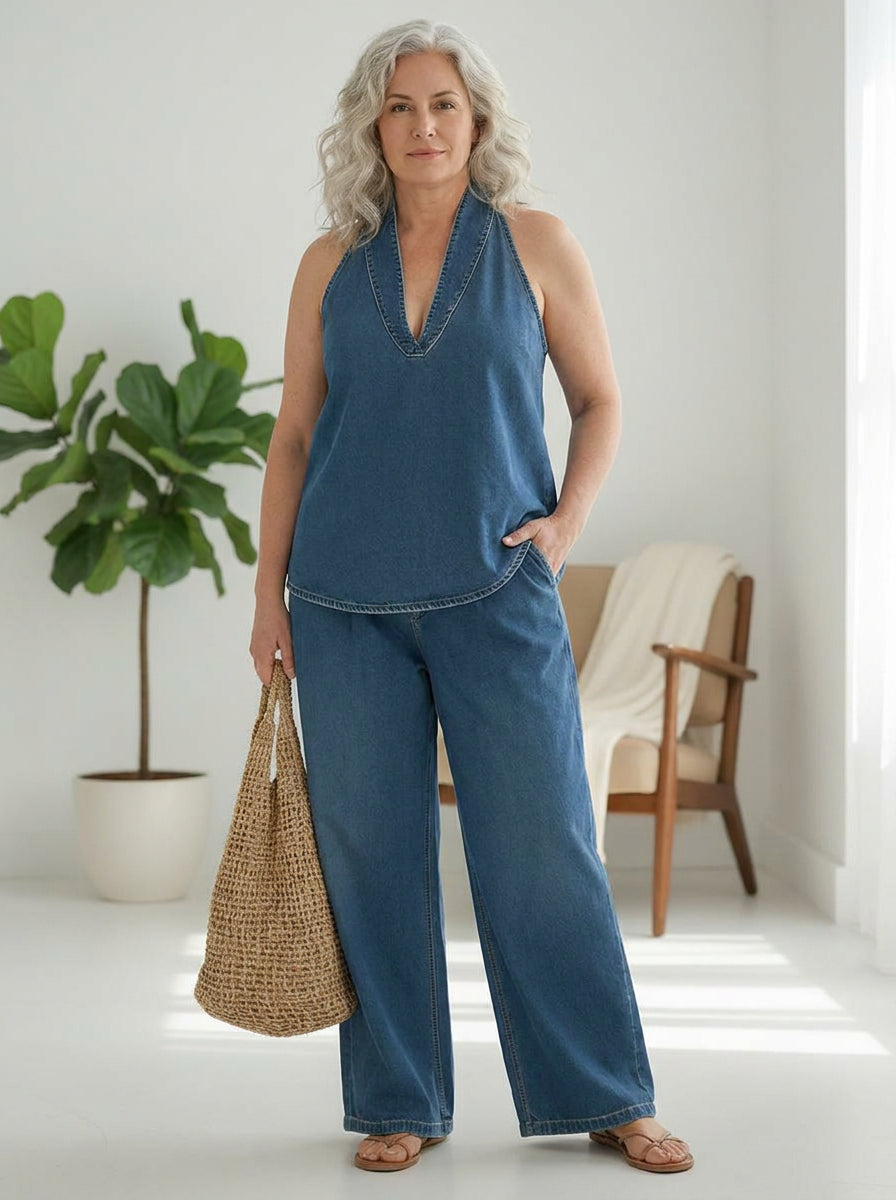 Ivy | Vintage Washed Soft Denim-Look Two-Piece Set