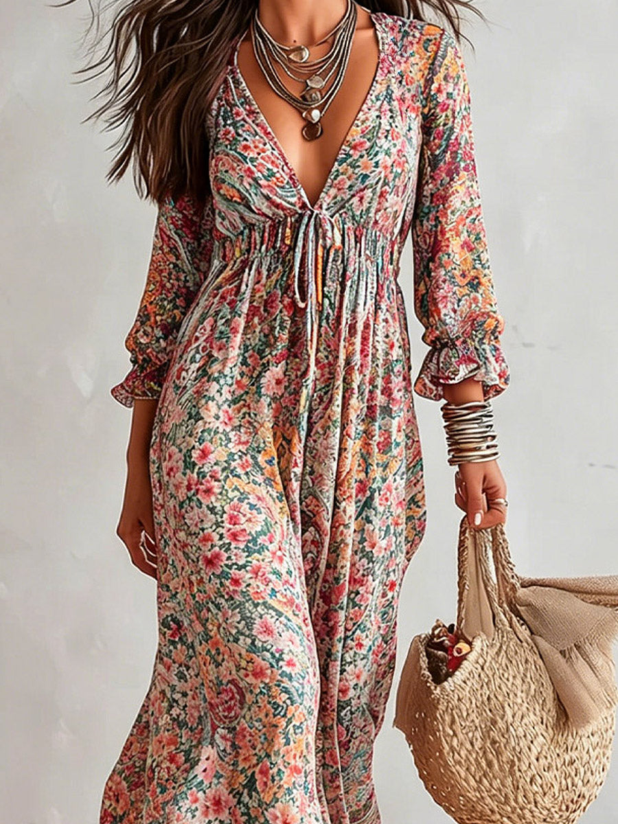 Retro Floral Art Print Long Sleeve Maxi Dress